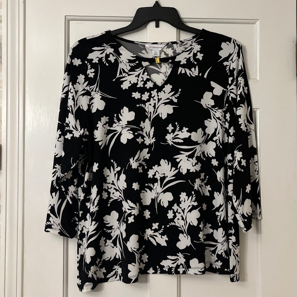 Liz Claiborne Womens 1X Black / White Floral 3/4 Sleeve Top NWOT